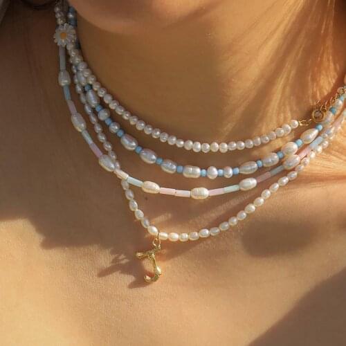 Summer Women Choker Trendy Ocean Daisy Pastel Beaded Necklace Freshwater Pearl Handcraft Girls Necklace 2021 New Accessories