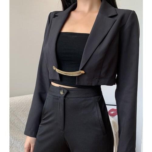 Womens Suit Jacket Turn-down Collar Metal Chain Decoration Long Sleeves Short Tops Wholesale 2021 New Fashion Lady Clothing