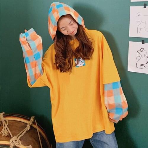 2019 New arrival Spring Autumn Womens Cartoon Printed Hoodies Sweatshirt Long Sleeve O-neck Hoodies Stitching Color Tops