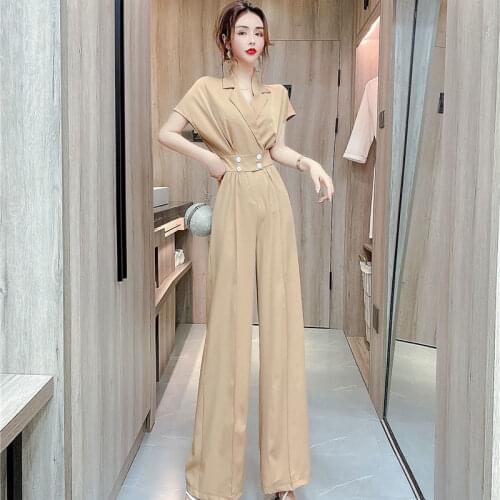 Women 2021 Summer Vintage Notched Collar Draped Rompers Female Casual Short Sleeve High Waist Wide Leg Playsuits Jumpsuit U193