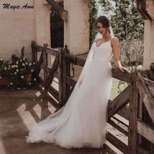 Magic Awn 2021 Simple Boho Wedding Dresses Lace Soft Tulle Beach A-Line Mariage Gowns Cheap Princess Country Vestidos De Novia