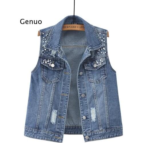 5XL Plus Size Sleeveless Womens Vest 2021 Summer Denim Waistcoat Fashion Casual Short Jeans Jacket Beaded Holes Slim Jeans Coat