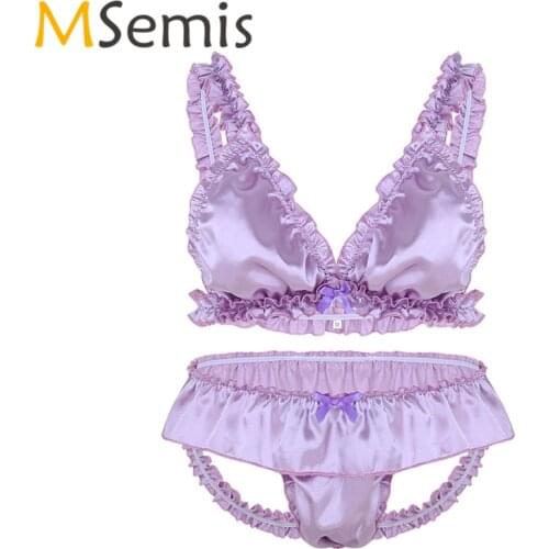 2Pcs Mens Sissy Lingerie Set Gay Satin Panties for Men Elastic Frilly Ruffled Bikini Bra Top with Open Back Briefs Gay Underwear