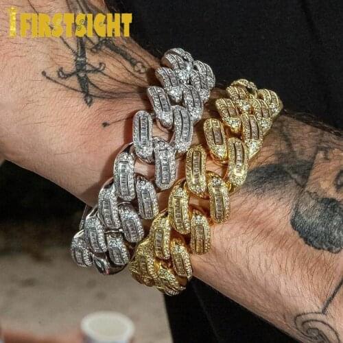 Iced Out Bling 18mm Baguette CZ Heavy Box Clasp Cuban Link Chain Bracelet Silver Color 5A Zircon Big Hip Hop Men Women Jewelry