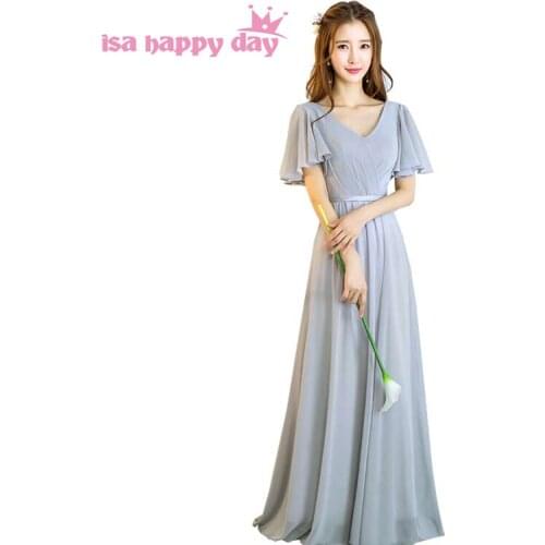 Long chiffon modest light gray women bridesmaid dresses with cap sleeves formal dress size 6 gowns for wedding guests H4167