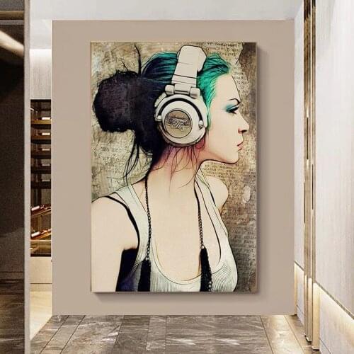 Girl with Headset Profile Face Posters and Prints Canvas Paintings Wall Art Picture for Living Room Decor No Frame