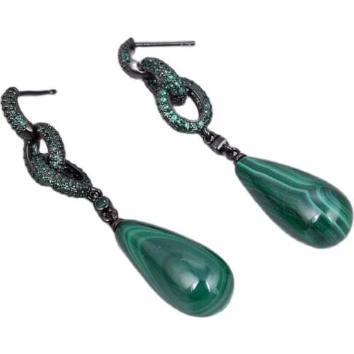 GG Jewelry Natural Green Malachites Teardrop Dangle Green Cubic Zirconia Pave Stud Earrings For Women Lady Gift Jewelry