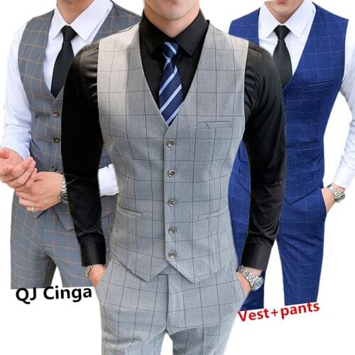 Gray Plaid Vest and Pants Men Business/Wedding/Party 2 Piece Set Plus Size S-5XL Autumn Trousers Waistcoat Suits