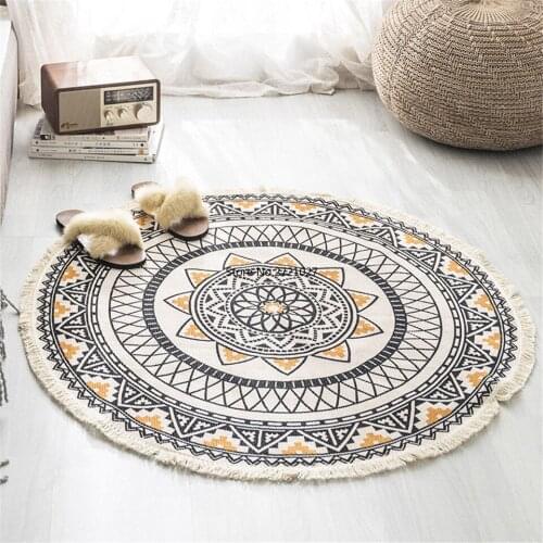 Nordic Moroccan Round Rug Bohemian Ethnic Tassel Yellow Mandala Rug Living Room Living Room Cotton Linen Floor Mat