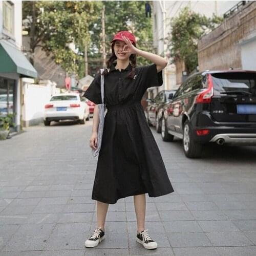 Summer Mori Girl Dresses Harajuku Single Breasted POLO Collar Embroidery Shirt Student A-Line Shirt Dress Solid Black Long Dress