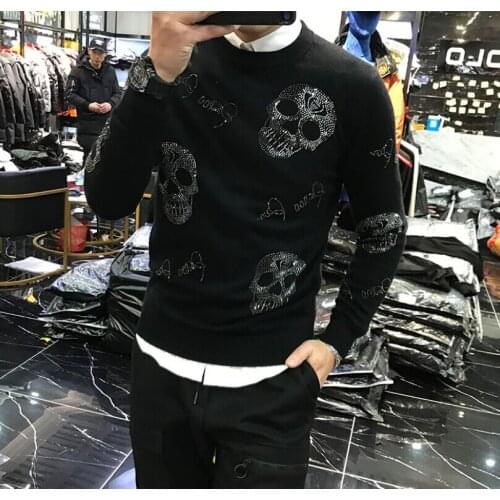 Mens 2020 winter Korean style personality fit fashion brand skull heavy technology hot drilling sweater man