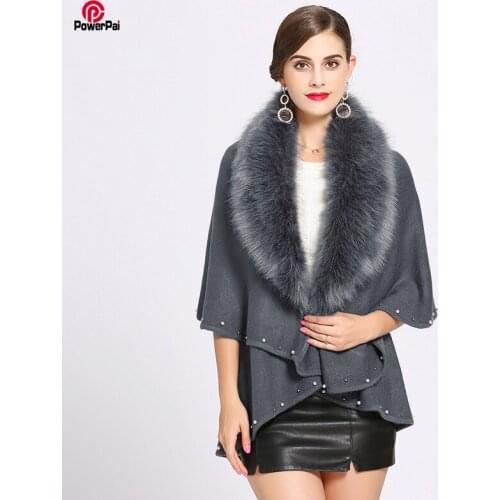 Wide Lapel Faux Fox Fur Cape Coat Beadings Double Layers Knit Cardigan Cloak Loose Slim Sweater Shawls Women Fall Winter New