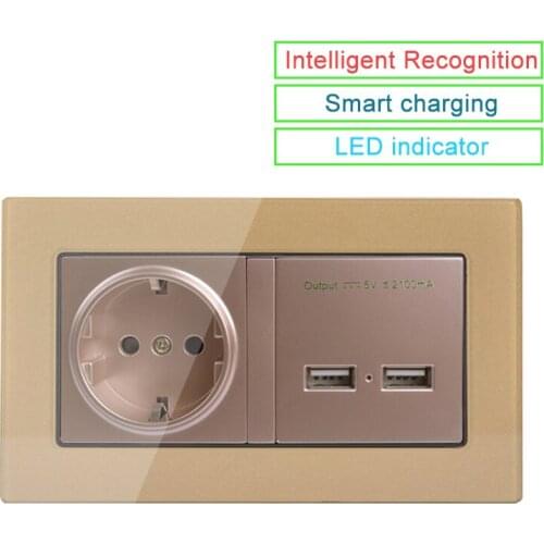 German Standard Socket EU Standard Power Outlet With Dual USB Smart Induction Charge Port For Mobile 2.1A Crystal Glass Panel