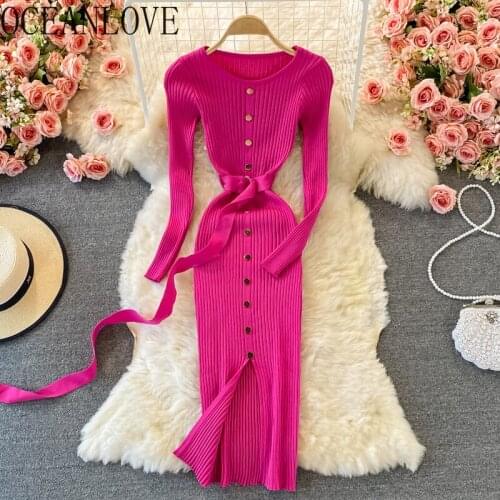 OCEANLOVE 2021 Autumn Winter Dress for Women Solid Sashes Bandage Sexy Knitting Robe Femme Buttons Elegant Vestidos Retro