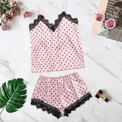 2pcs Sexy Lingerie Pajama Prant Set Satin Silk Polka Dot Deep V Neck Sleeveless Womens Pajamas Homewear Pyjama Pour Femme