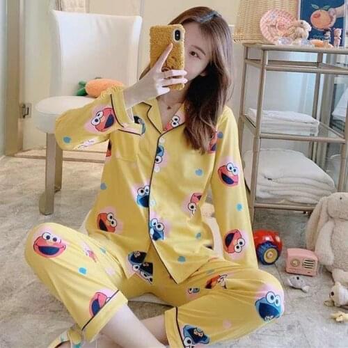 Pajamas Women Autumn Long Sleeve Sweet Korean Lovely Spring Women Large Size Maternity Clothes Postpartum Home Clothes Set