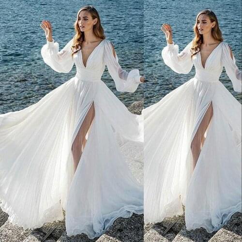 2021 Cheap A Line Wedding Dresses Summer Beach Deep V Neck Long Sleeves High Side Split Floor Length Plus Size Formal Bridal Gow