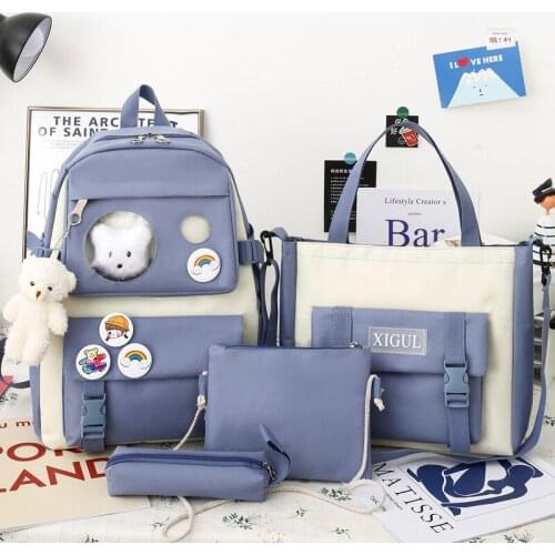 Simple School Backpack 4 Piece Set Bags for Teenage Girl 2021 Canvas Travel Backpack Women Bookbags Student Schoolbag Fashion