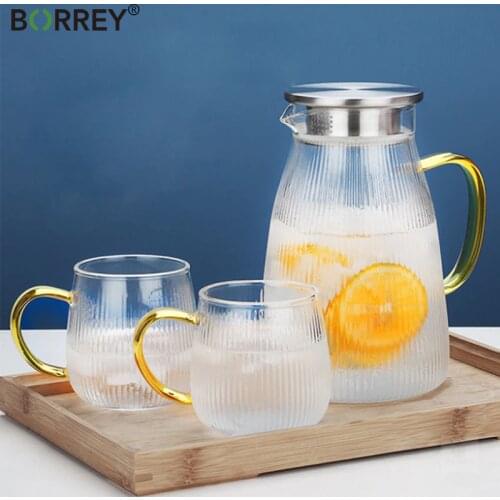 BORREY Transparent Glass Water Jug Hot Cold Water TeaPot Juice Drink Fruit Teapot Water Carafe With Handle Heat-Proof kettle Set