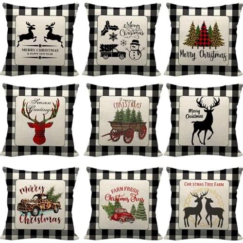 45cm*45cm British Style Series Christmas Linen Pillowcase Buffalo Plaid Elk Christmas Tree Car Cushion Home Bedroom Decorations