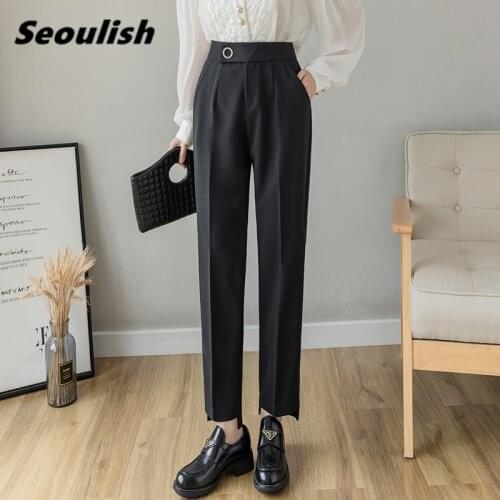 Seoulish New 2021 Spring Summer Formal Womens Harem Pants Buttons Black Office Pant High Waist Female Elegant Trouses Pocket