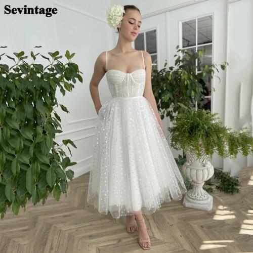 Sevintage White Hearty Tulle Short Prom Dresses Straps Pleats Evening Gowns with Boning Tea-Length Wedding Party Dress Plus Size