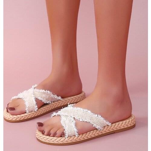 2021 Summer Woven Woven Slippers Women Flat Heels Beach Shoes woman Casual Slides Shoes Woman Outdoor Slippers 35-40