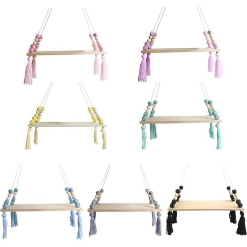 Bedroom Decoration Wall Hanging Wooden Board Storage Shelf Rack Tassel Beads Pendant Photo Props for Child Kid Room