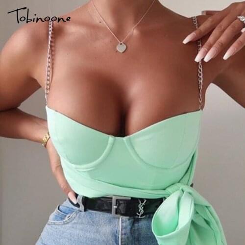 Tobinoone Chain Camisole Tank Top Sexy Spaghetti Strap Tops Women Sleeveless Slim Top Women Bow Bandage Tops Vest Sexy Tank Tops