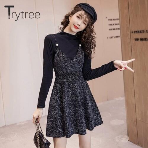 Trytree 2020 Autumn Winter Two piece set Casual O-neck Solid Knitting Top + Dress Sling Mini Fashion A-line Set 2 Piece Set