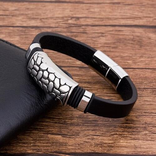 TYO Fashion Charm Stainless Steel Magnet Black Leather Mens Bracelet Jewelry Geometric Punk Gift For boyfriend