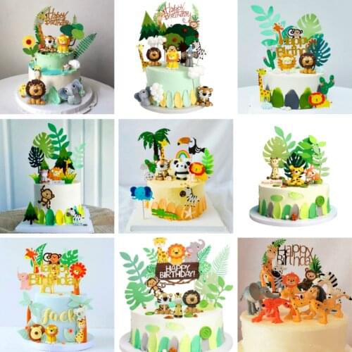 Woodland Animals Cake Topper Decorations Soft Clay Lion Elephant Tiger One 1st Jungle Safari Happy Birthday Party Supplies Kids