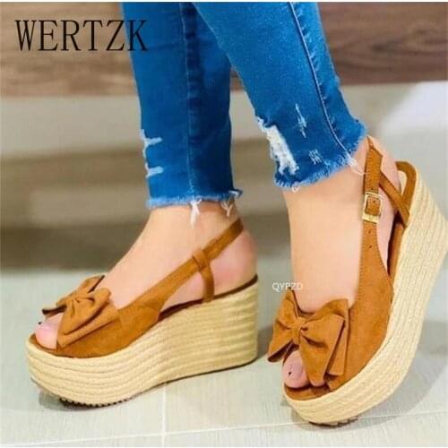 2021 Sandals Bow Shoes Clogs With Heel Large Size Espadrilles Platform Suit Female Beige New Fashion Low Handmade Thick Comfort
