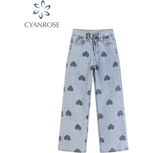 Fashion Streetwear High Waist Jeans Women Baggy 2021 Autumn Y2K Streetwear Wide Leg Pants Heart Printed Denim Long Trouser