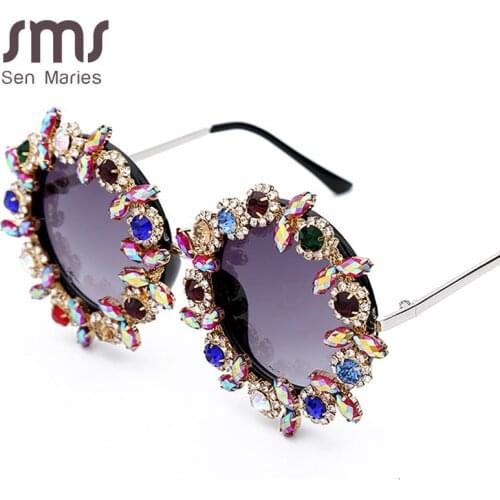 Fashion Round Crystal Sunglasses Women Luxury Brand Colorful Diamond Metal Frame High Quality Sun Glasses For Men Female UV400