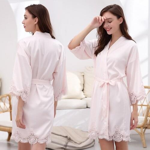 Owiter 2020 New Women Matt Satin Lace Robe Bride Robe Bridesmaid Robes Bridal Wedding Short Robe Bathrobe Sleepwear Dressing