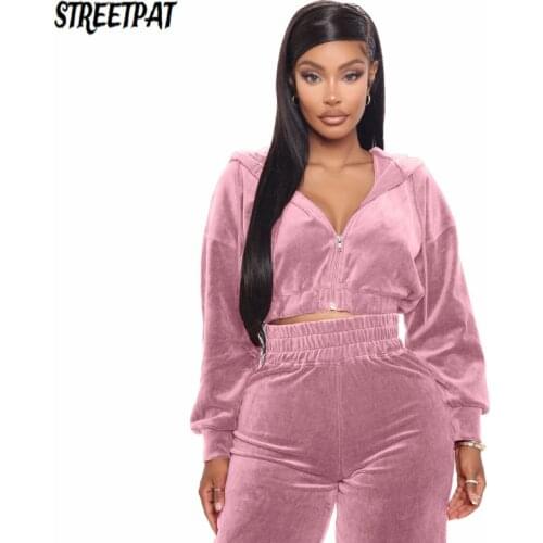 Velvet Tracksuit 2 Two Piece Set Women Zipper Hoodies Crop Top + Wide Leg Pants Sweatsuits Jogging Femme Velour Mujer 2021
