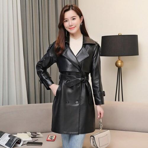 2020 Autumn Winter Womens Genuine leather overcoat England Style Double-breasted leather Trench coat C701