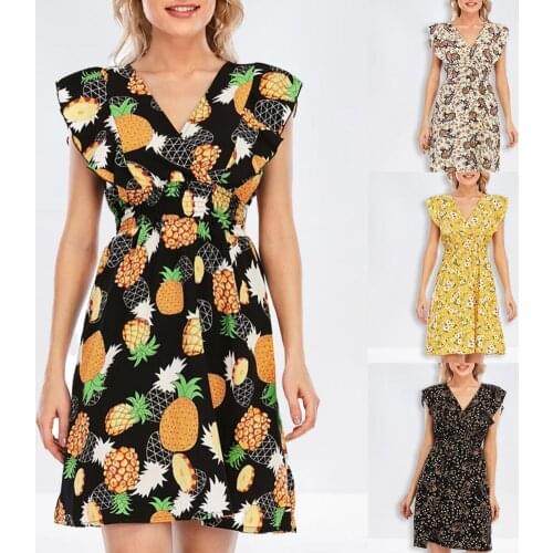 Women Dress Ruffle Printed Summer Sleeveless V Neck Dress Sexy Casual Party Beach Dresses Female Elegant A Line Office Vestidos