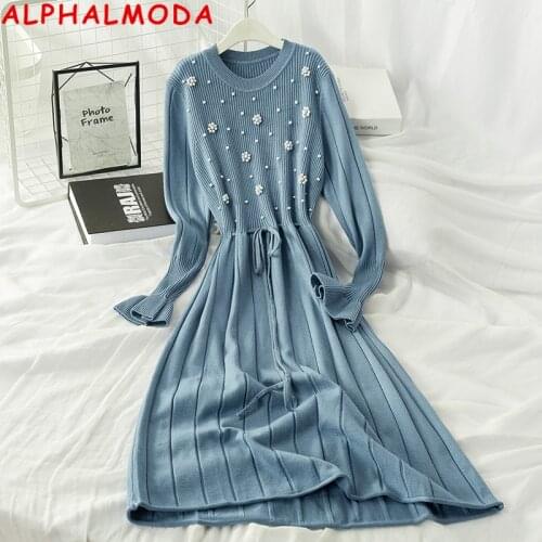 ALPHALMODA 2019 Knitted Pearl Dress Solid Color Nail Beads Heavy-work Women Sweet Belted Pleated Knitting Dress