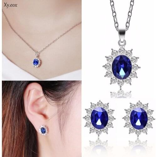 Womens Gorgeous Sapphire Flower Crystal Necklace Stud Earrings Jewelry Set