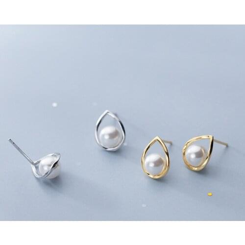 100% Real 925 Sterling Silver Seashell Pearl Teardrop Shape Stud Earrings for Women Girls