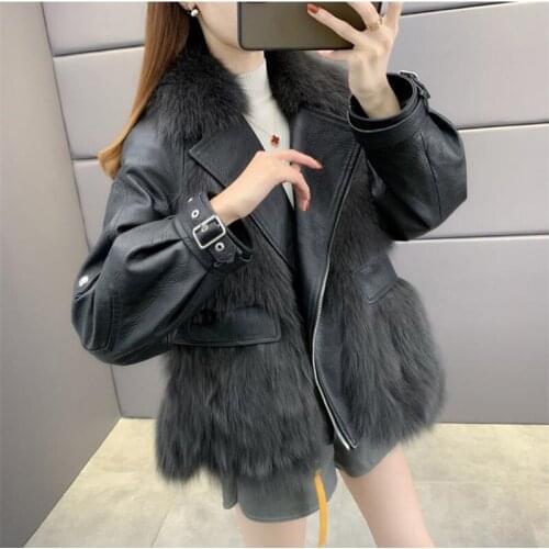 2021 Womens Winter New Faux Fox Fur Coats with Faux Leather Female Suit Collar Jackets Ladies Warm Streetwear Overcoat