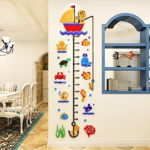 Cat fishing 3d height wall sticker Childrens room decoration Baby measuring height ruler Kindergarten cartoon wall decoration