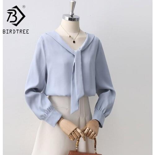 Autumn Women Blue Shirts Vintage Lantern Sleeve Chiffon Blouse Print V-Neck Elegant Office Wear Fall Spring Bow Tie Tops T16705F