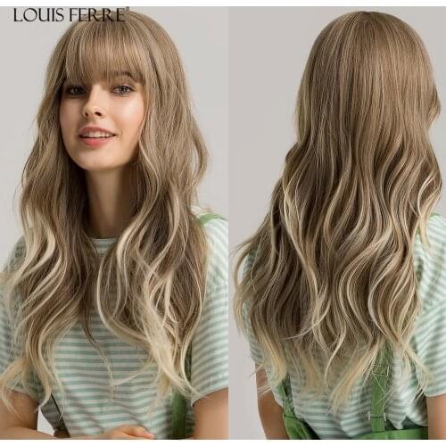 LOUIS FERRE Long Fluffy Wave Blonde Wigs with Bangs Lolita Cosplay Natural Ombre Synthetic Wigs for Women Heat Resistant Fibre