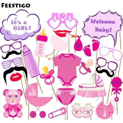 FEESTIGO 27PCS/Lot Girl Baby Shower Photo Booth Props in Pink Blue Baby Beanie, Dummies/Pacifiers, Bibs Baby Shower Decorations