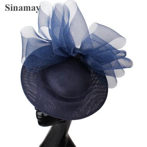Imitation Sinamay Navy Wedding Headwear Women Fascinator Hat With Bow Hair Accessories Cocktail Race Headpiece Hairpin Mesh Hats