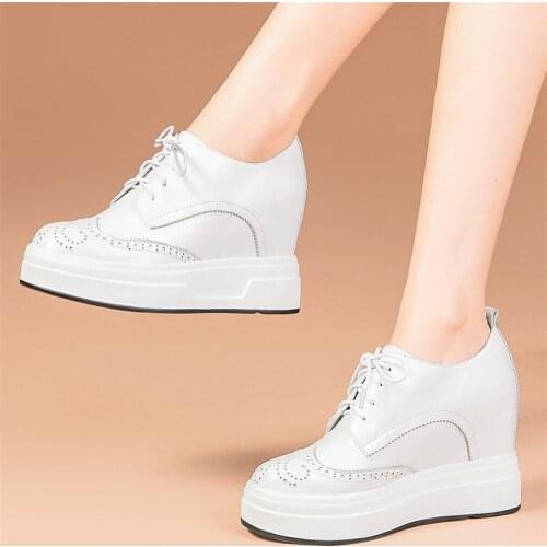 Fashion Sneakers Women Lace Up Genuine Leather Wedges High Heel Ankle Boots Female Round Toe Chunky Platform Pumps Casual Shoes