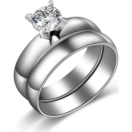 Fashion 4mm Clear CZ Rhinestone Jewelry 2pc 316 Stainless Steel Engagement White Gold Finger Ring Set for Women Anniversary Gift